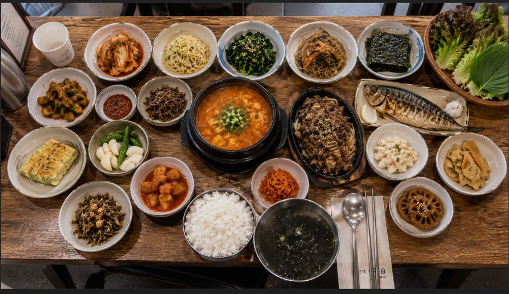 A Korean table filled with many small banchan side dishes, along with soup, rice, grilled fish, and galbi, viewed from above