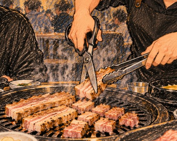 Close-up of a server cutting grilled Korean BBQ pork belly into bite-sized pieces directly on the grill with a pair of scissors