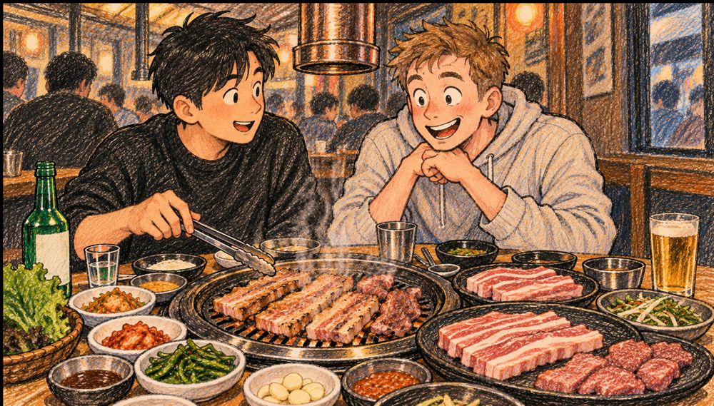 Two friends grinning over a Korean BBQ grill loaded with samgyeopsal, banchan, and drinks