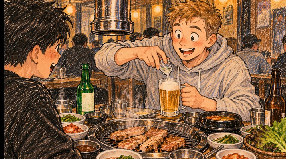 One friend pouring soju into a glass of beer to make somaek at a Korean BBQ table