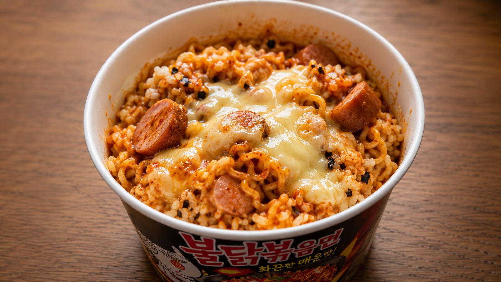 치즈가 녹아 불닭볶음면, 소시지와 섞인 완성된 그릇 사진