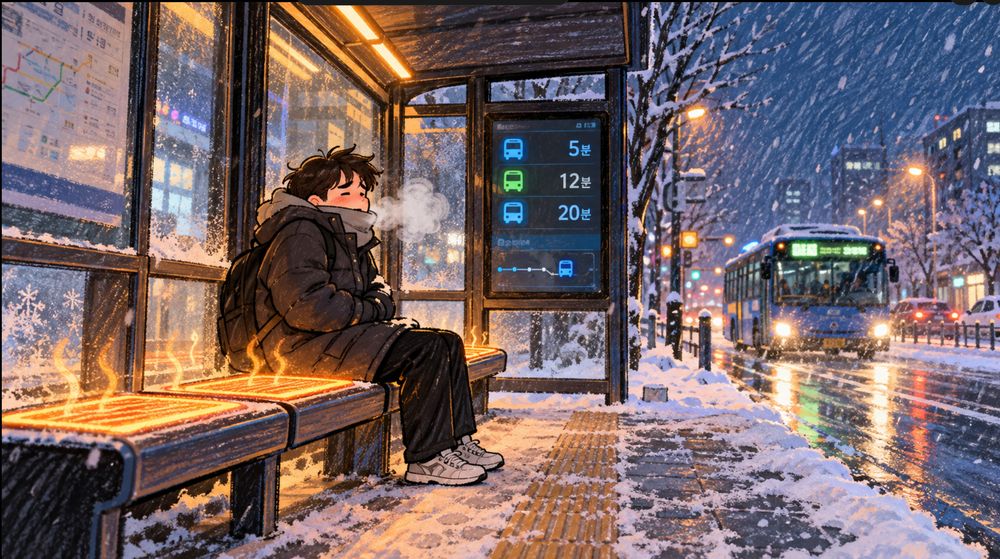 Illustration of a person sitting on a glowing heated bench at a snowy Korean bus stop at night, with a digital arrival screen showing bus wait times and a bus approaching