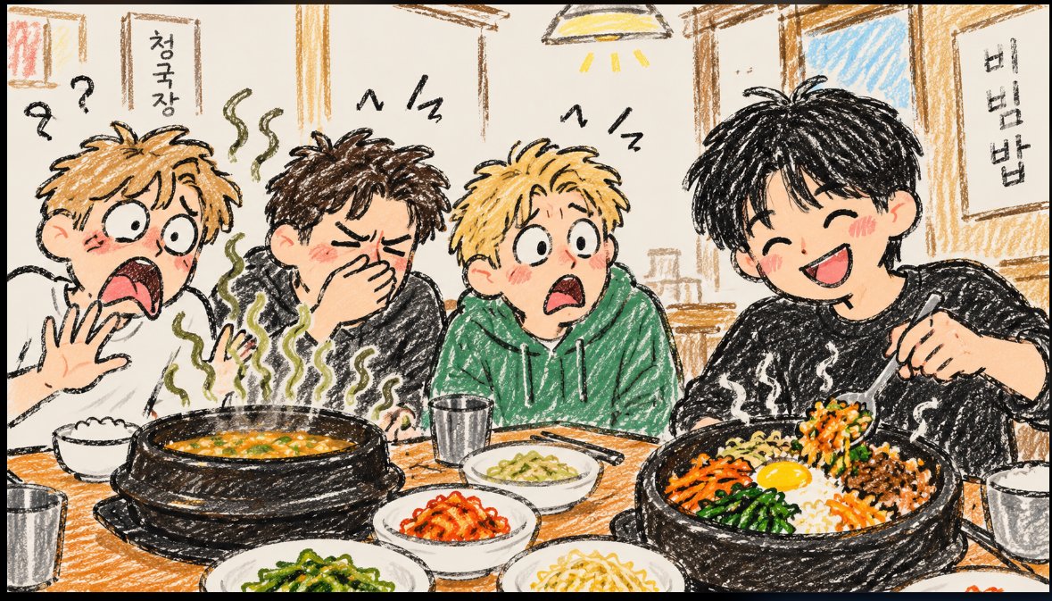 Three friends react to the smell of cheonggukjang at a Korean restaurant while a fourth friend happily mixes a hot stone bowl of bibimbap