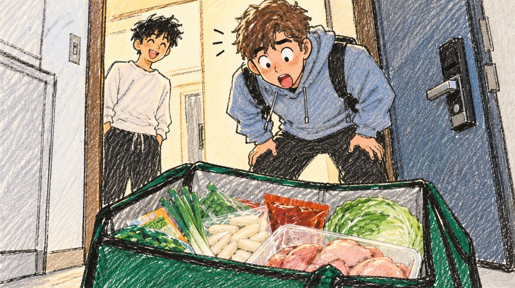 Groceries delivered in an insulated bag at an apartment front door in Korea, with a surprised friend looking at them