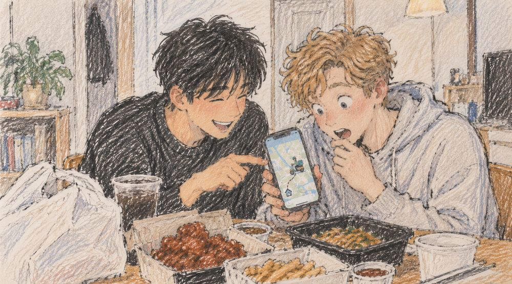 Illustration of two friends looking at a food delivery app on a phone showing a rider's location on a map, surrounded by delivery food containers on a table