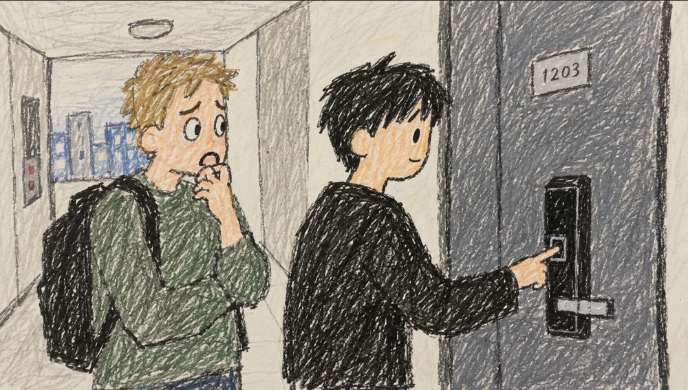Illustration of a worried friend standing in an apartment hallway while another person unlocks a door with a digital fingerprint lock