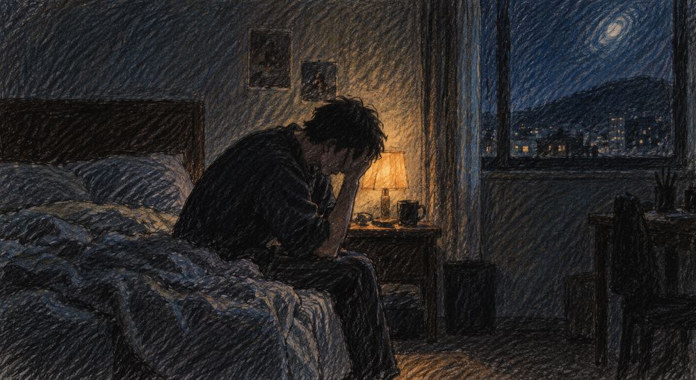 A dark, dreamlike illustration of a person sitting on a bed at night, head in hand, beside a lit lamp and a moonlit window