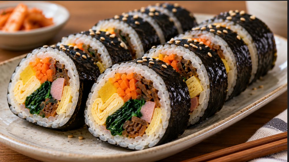 Sliced Korean gimbap rolls on a plate, showing layers of rice, egg, spinach, carrot, ham, and pickled radish on the side