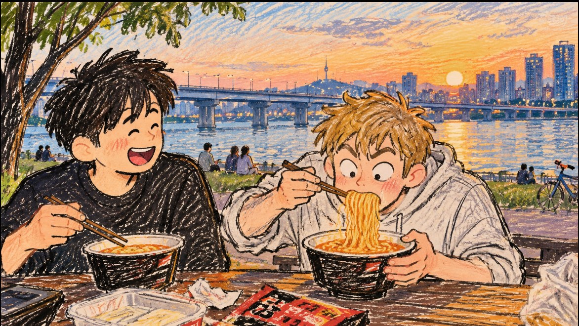 Two friends eating ramen at a Han River park table at sunset, one laughing while the other slurps a huge bite of noodles