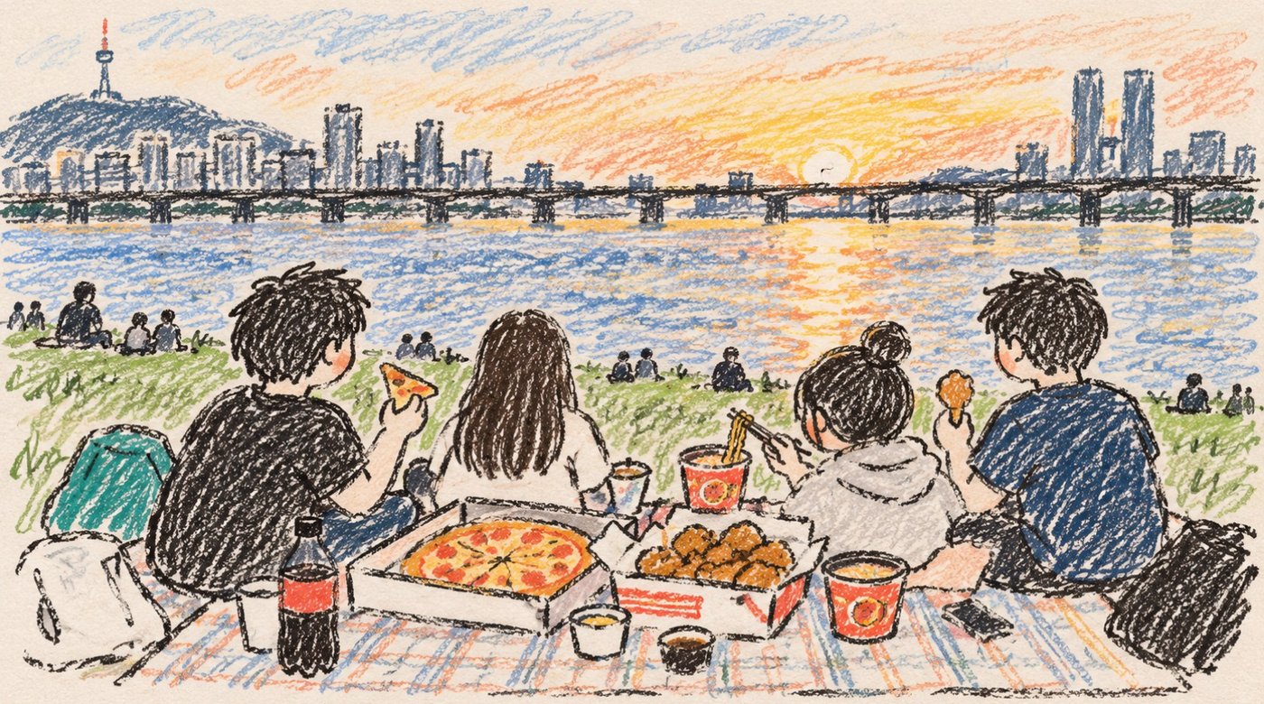 Four friends sitting on a picnic mat by the Han River at sunset with pizza, fried chicken, and cup ramen, seen from behind