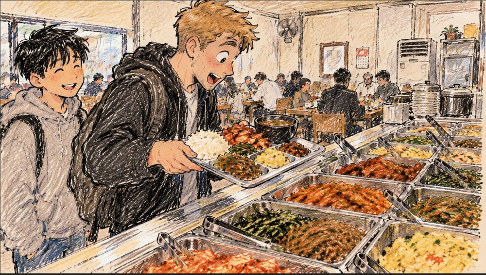 Illustration of a friend surprised by the variety of side dishes at a Korean hansik buffet, holding a tray of rice, kimchi, and banchan