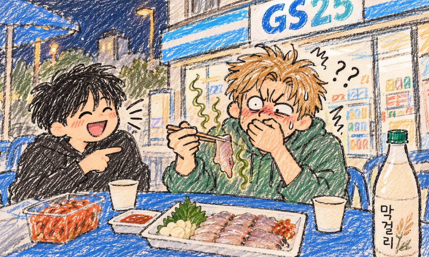 A friend covering his nose with a grimace over a tray of fermented skate and makgeolli at a convenience store outdoor table at night while another friend laughs and points at him