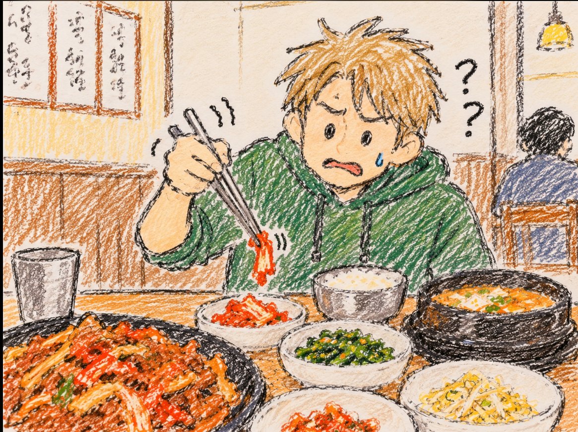 A friend with a worried face struggling to pick up a piece of kimchi with Korean metal chopsticks at a restaurant table full of side dishes