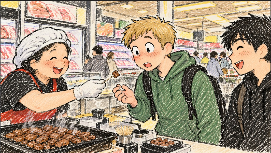 A lady at a Korean supermarket free sample station holding out a piece of grilled meat to a surprised friend while another friend laughs