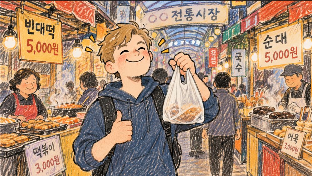 Illustration of a happy tourist giving a thumbs up while holding a bag of food at a bustling Korean traditional market with price signs