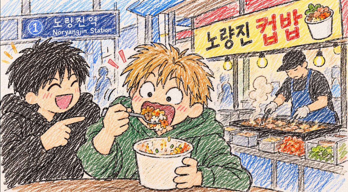 A friend eating a big cup of cupbap with a spoon in front of Noryangjin Station while another friend laughs and points, with a cupbap stall grilling meat in the background