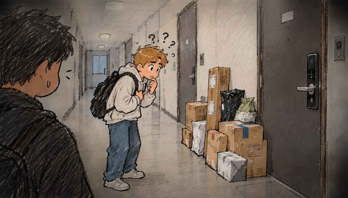 A friend stops in an apartment hallway and looks worried at a pile of delivery boxes outside a neighbor's door while another friend stands in the foreground