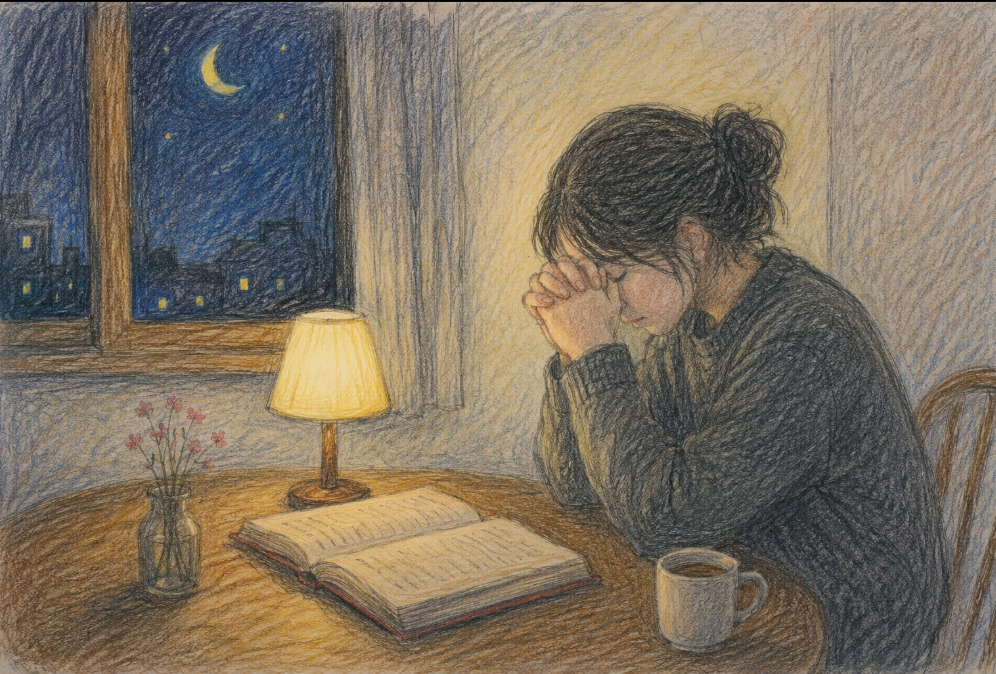 A woman praying quietly at a table at night, with an open Bible, a lamp, and a moonlit window
