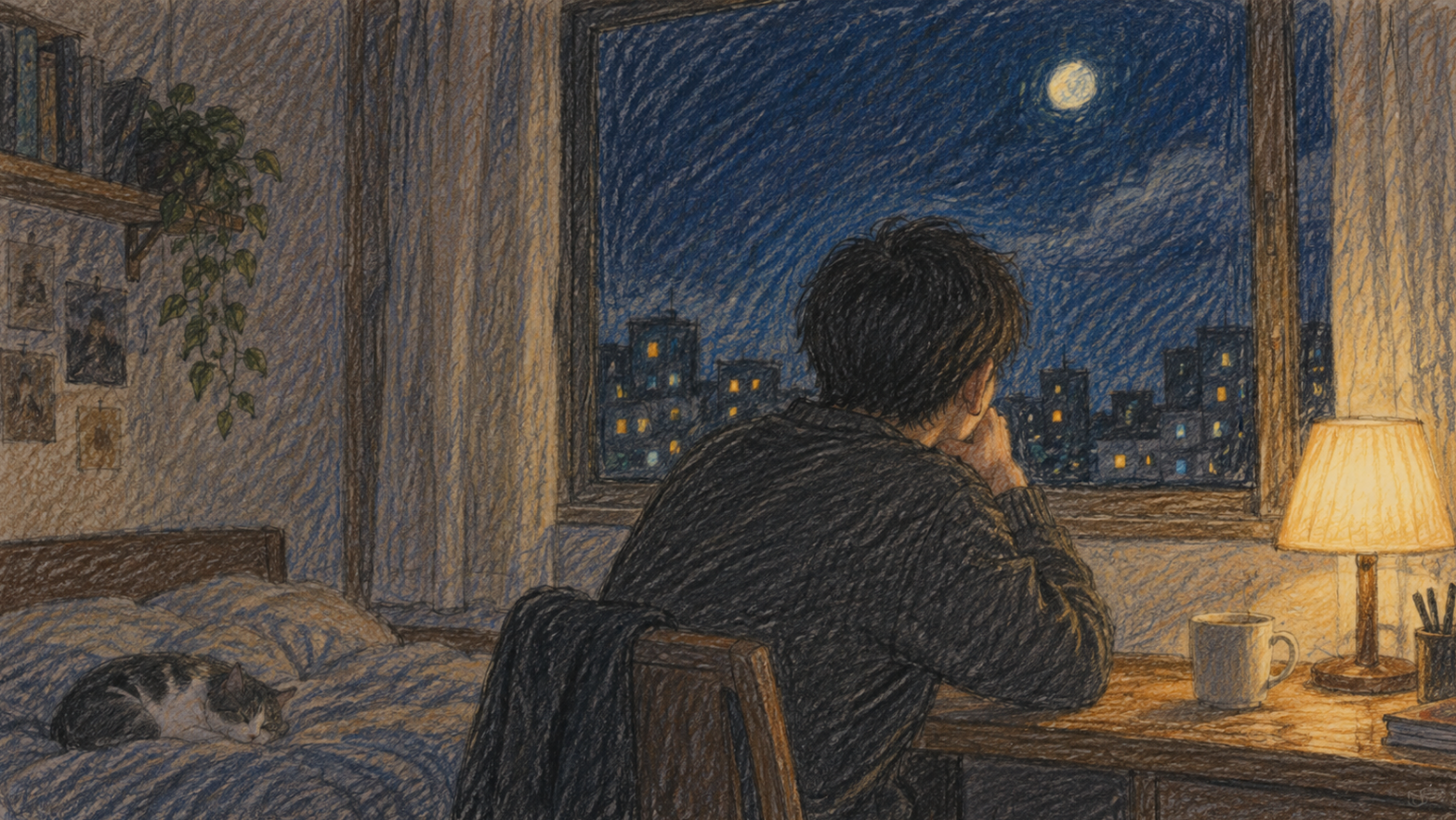 A man resting his chin on his hand, looking out a night window at the moon and city lights, with a cat sleeping on the bed nearby