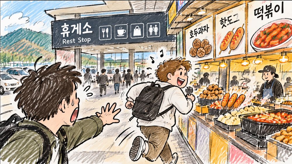 Illustration of a friend sprinting toward the snack stands at a Korean highway rest stop while another friend reaches out after him, with signs for hodugwaja, hot dogs, and tteokbokki