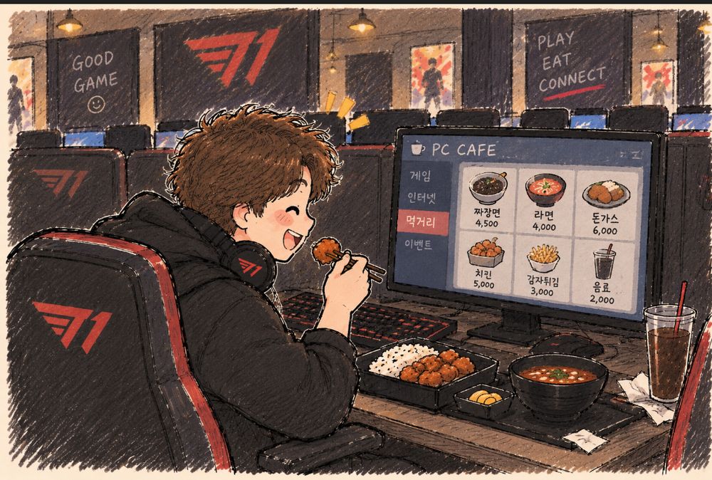 Illustration of a friend eating a full meal at a PC bang gaming desk while still playing League of Legends
