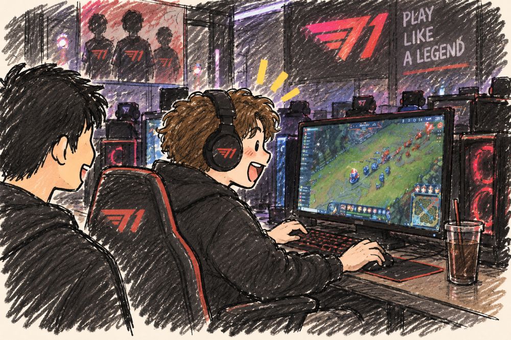 Illustration of two friends sitting side by side playing League of Legends on high-end gaming PCs at T1 Base Camp