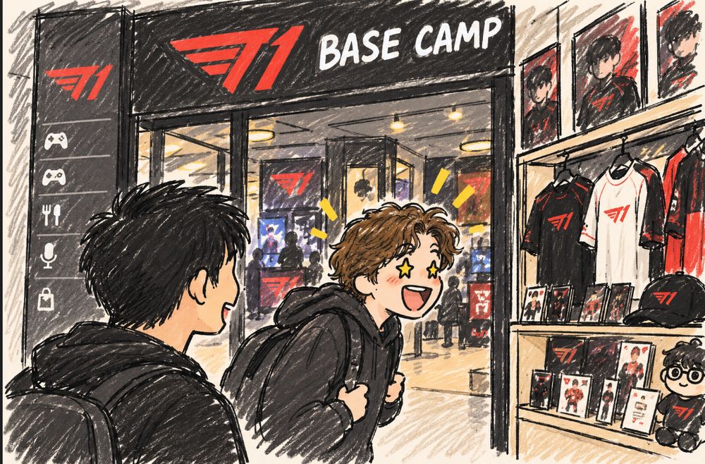 Illustration of a friend with starry eyes looking into the T1 Base Camp entrance, filled with merch and team posters