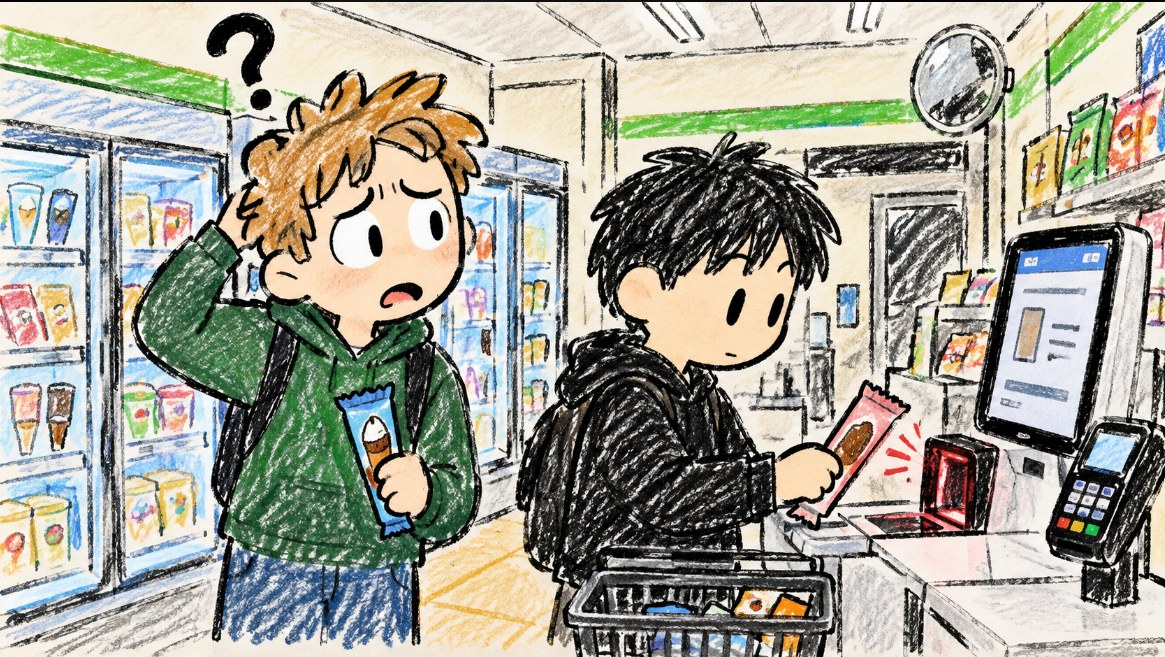 Two friends in a Korean unmanned convenience store: one confused and scratching his head, the other scanning an ice cream bar at the self-checkout