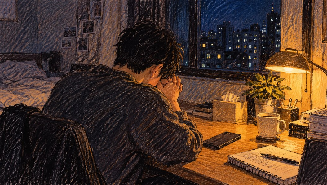 Person praying at a desk at night, head bowed and hands clasped